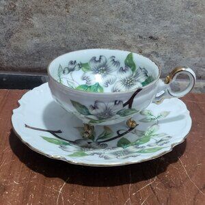 Vintage Ucagco Dogwood Blossom Three Footed Teacup and Saucer Set